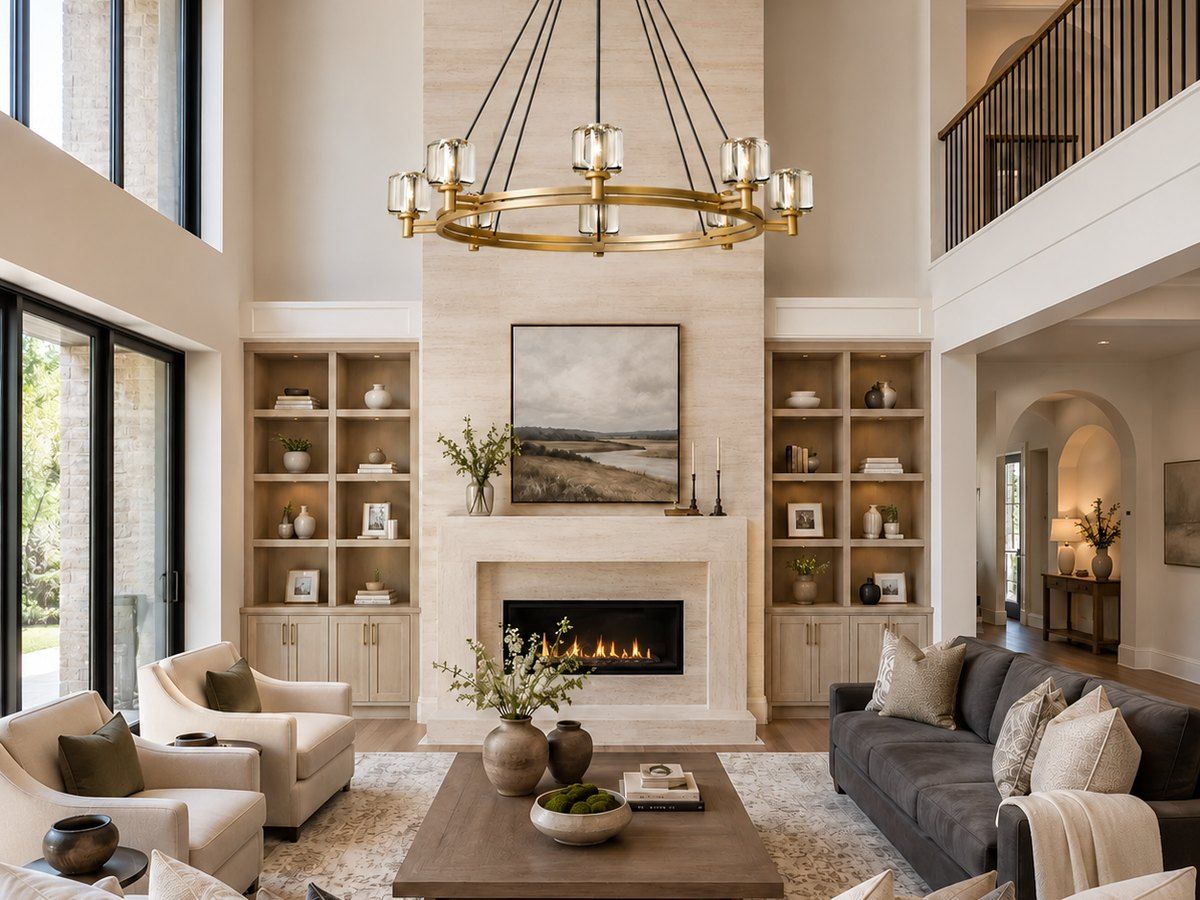 Two-story great room with a travertine fireplace and brass chandelier