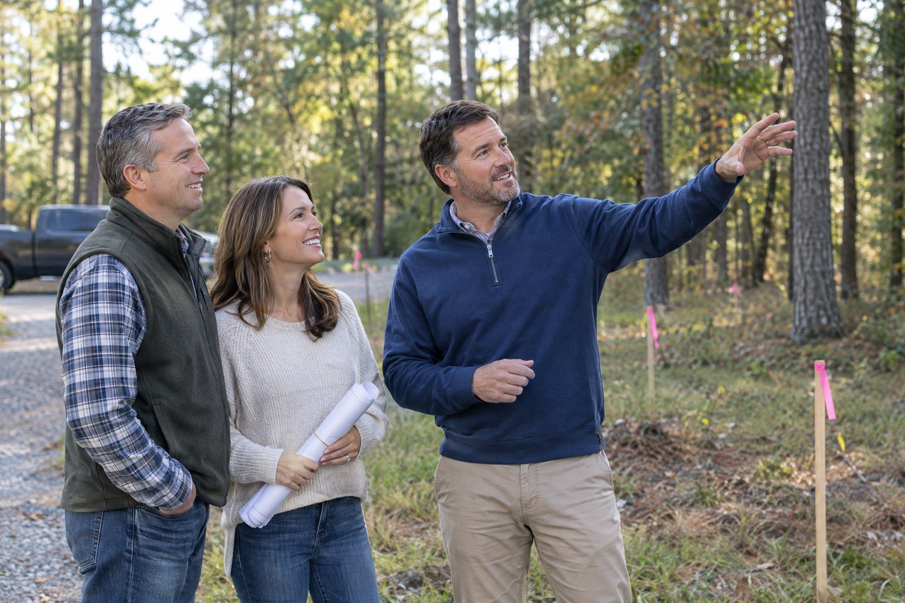 A couple and their builder talking on a wooded homesite