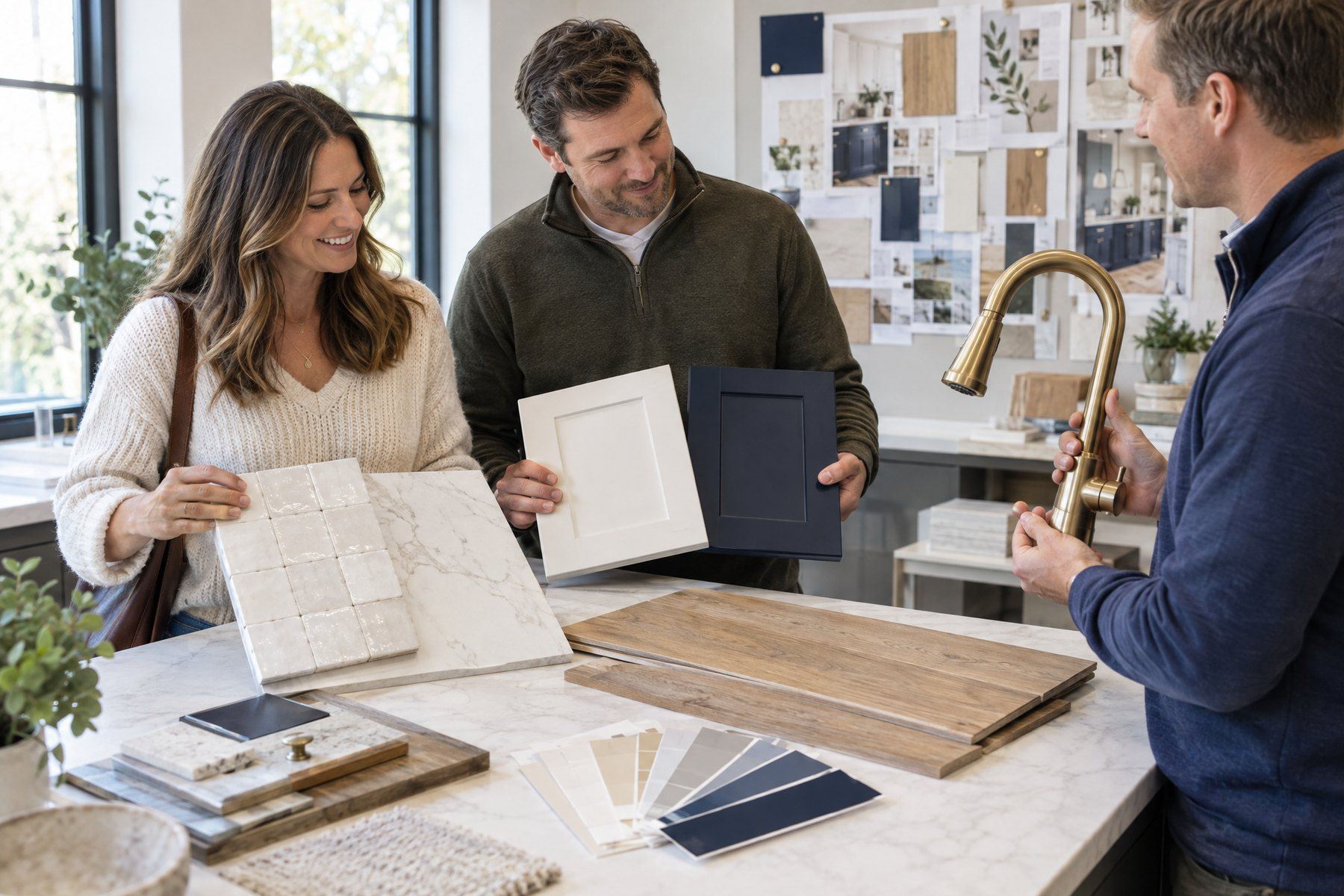 Clients reviewing material samples with their designer