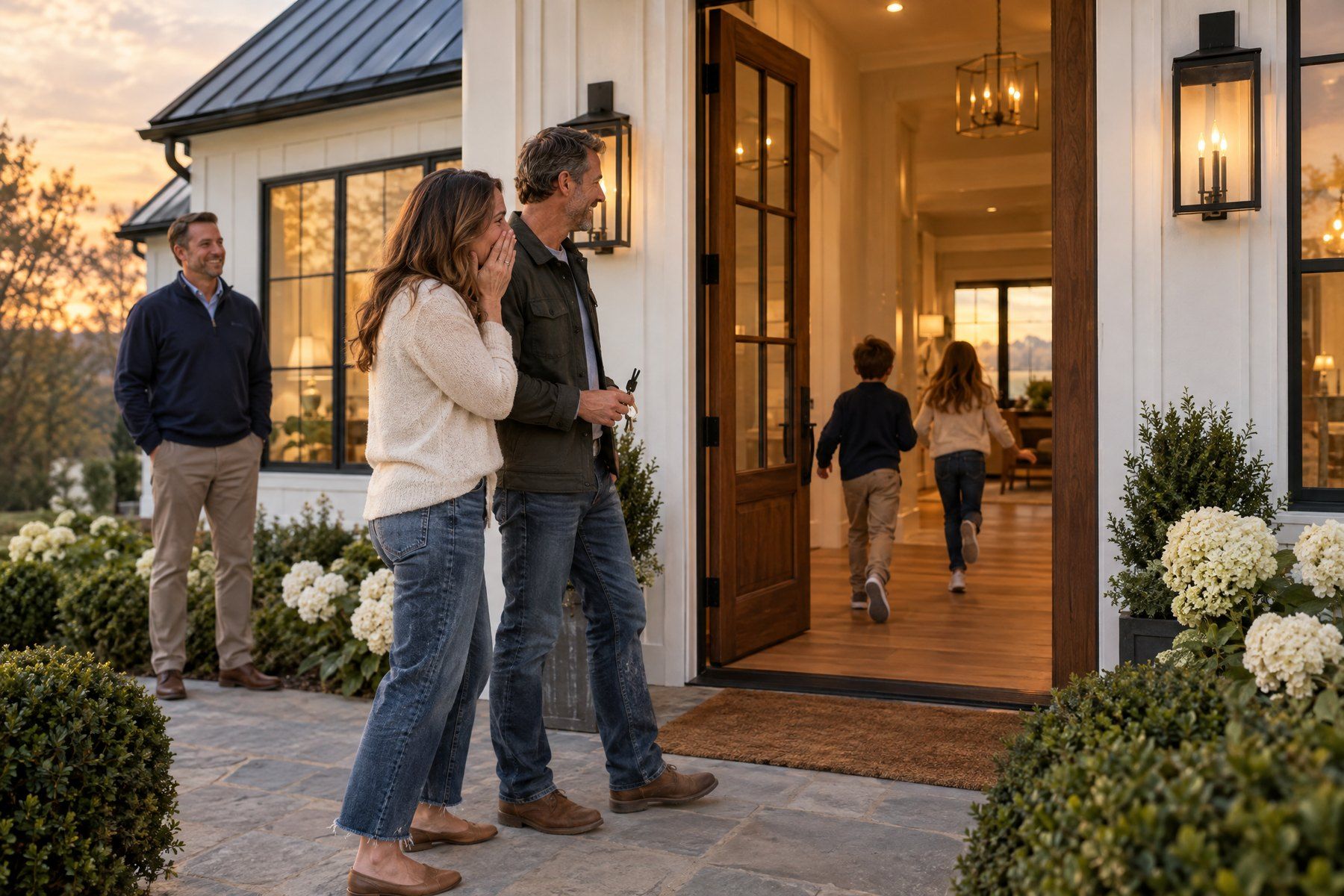 A family stepping through the front door of their finished home