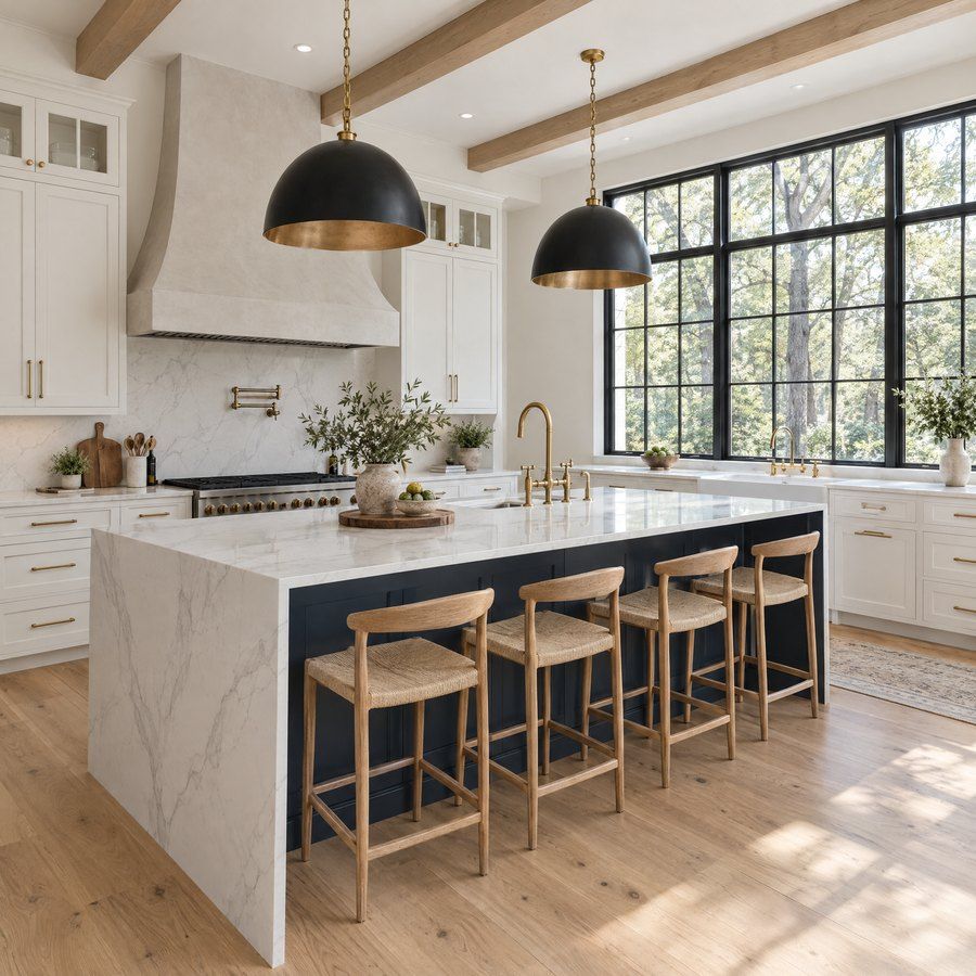 Bright kitchen with a marble island, brass fixtures and black pendants