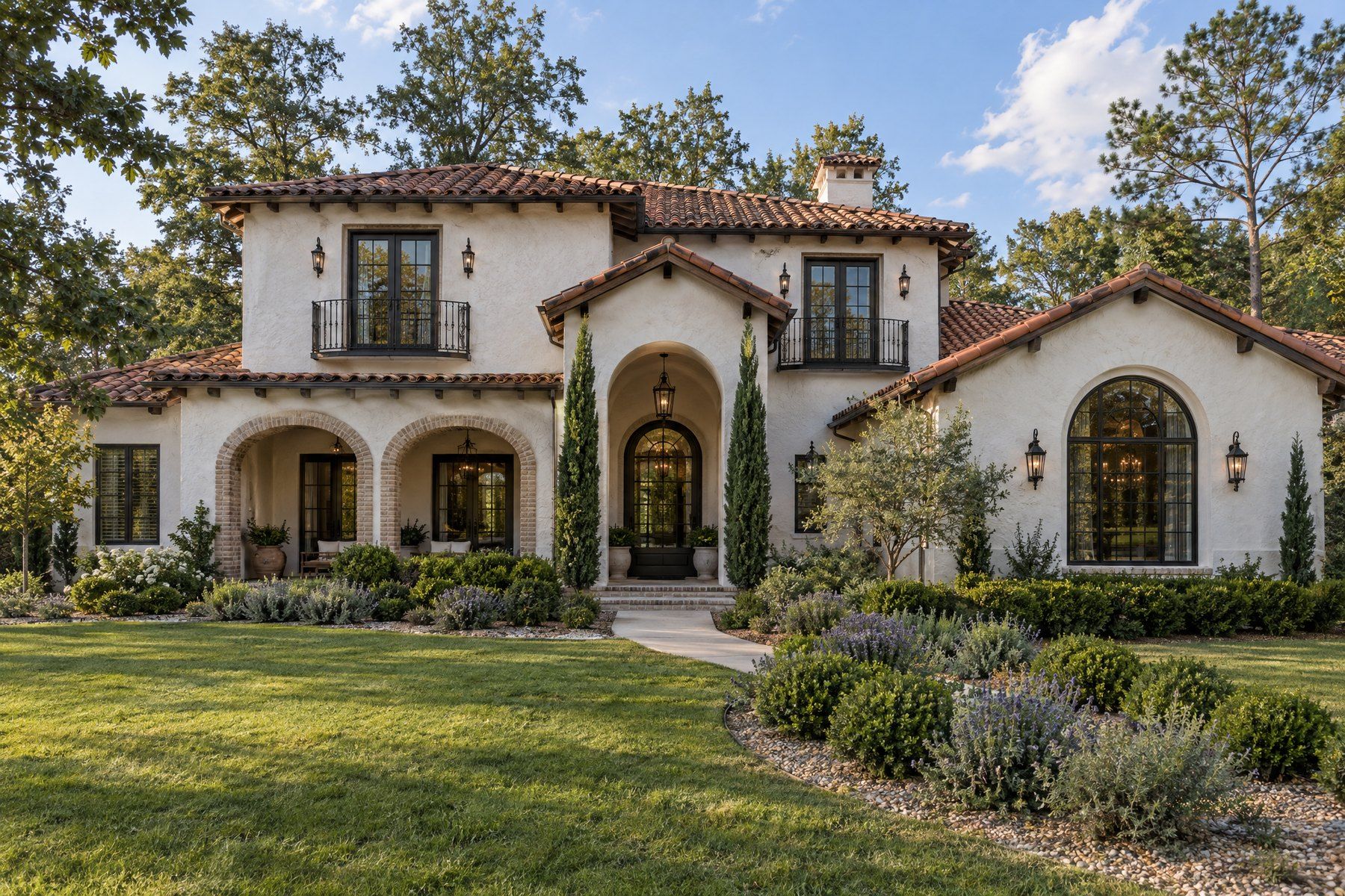 Mediterranean-influenced stucco home with a loggia and tile roof