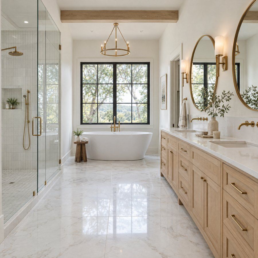 Primary bath with a freestanding tub and glass shower