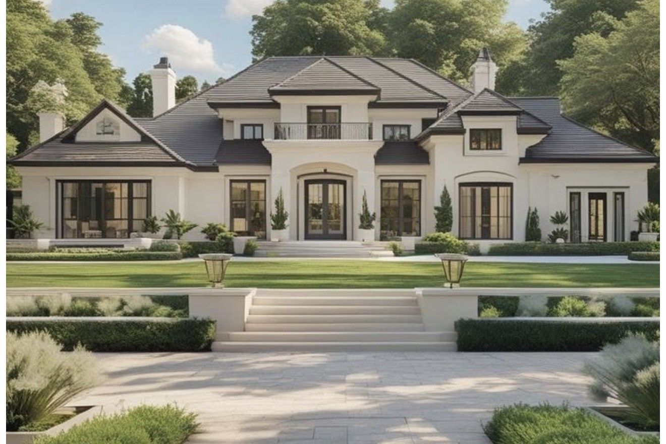 White stucco estate with a hipped roof, balcony and terraced steps